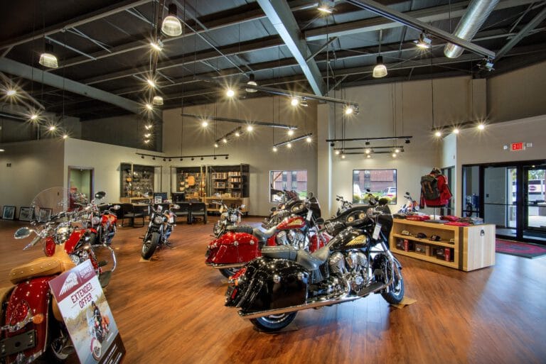 Interior shot of renovated Elkhart Indian Motorcycle showroom