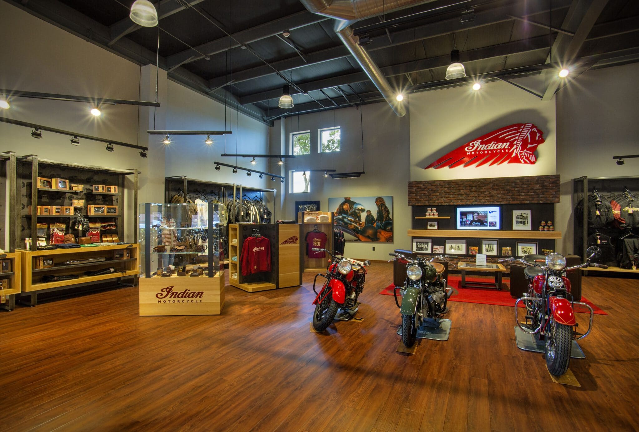 Interior shot of renovated Elkhart Indian Motorcycle showroom