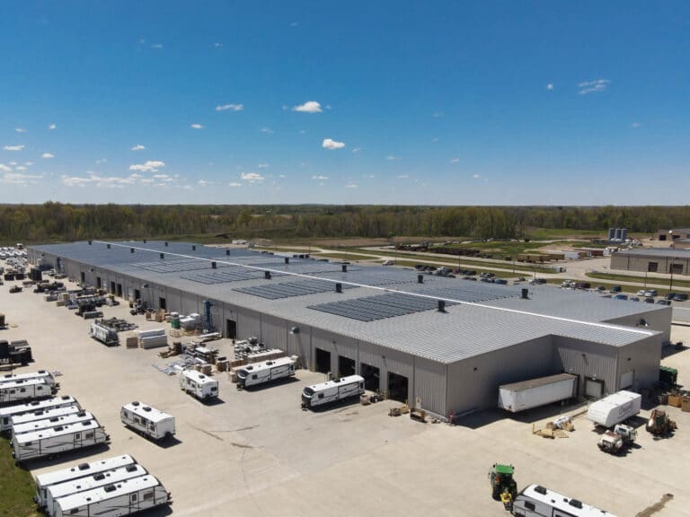 aerial shot of Cruiser RV plant with solar panels on roof