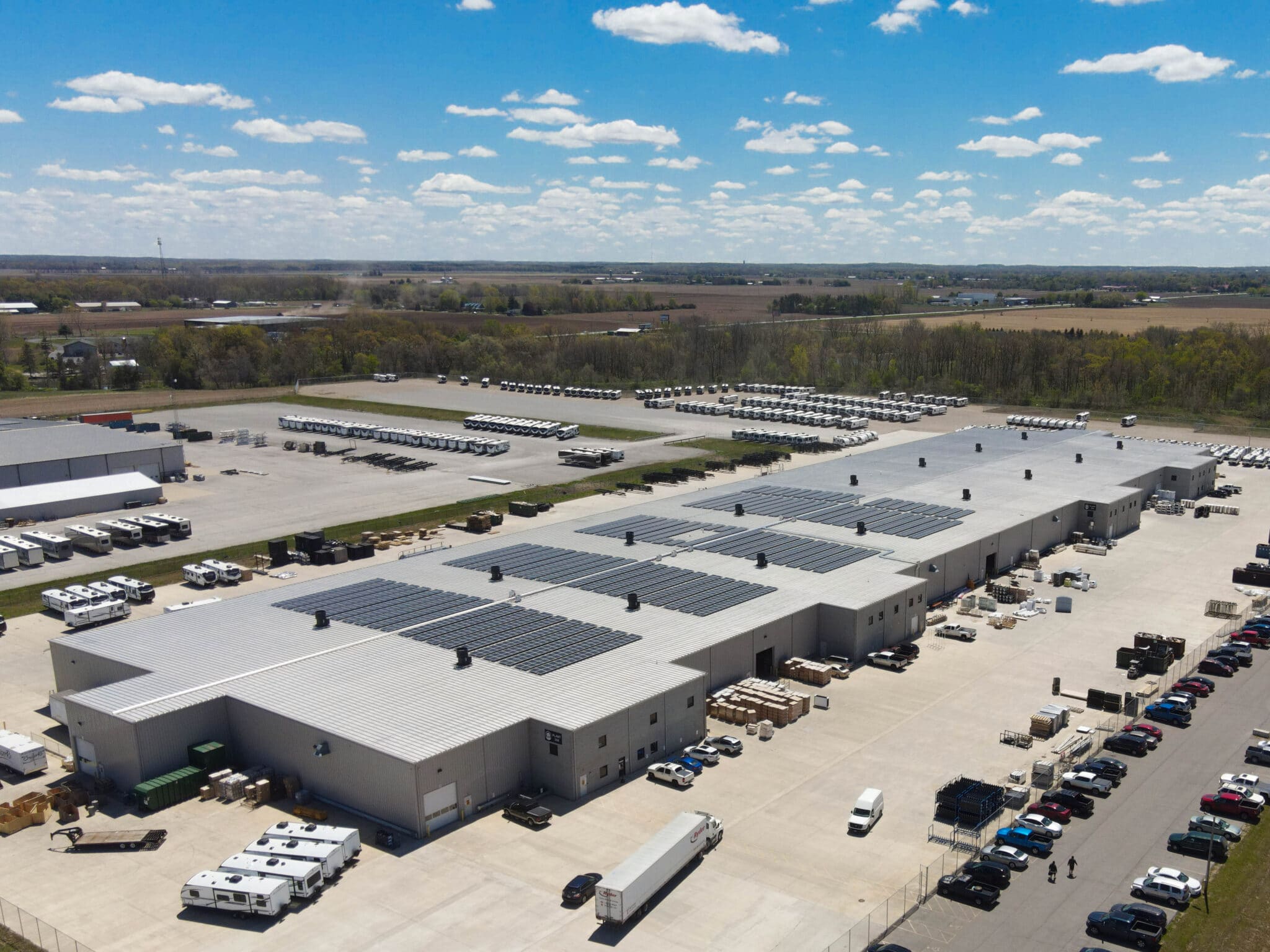 aerial shot of Cruiser RV plant with solar panels on roof