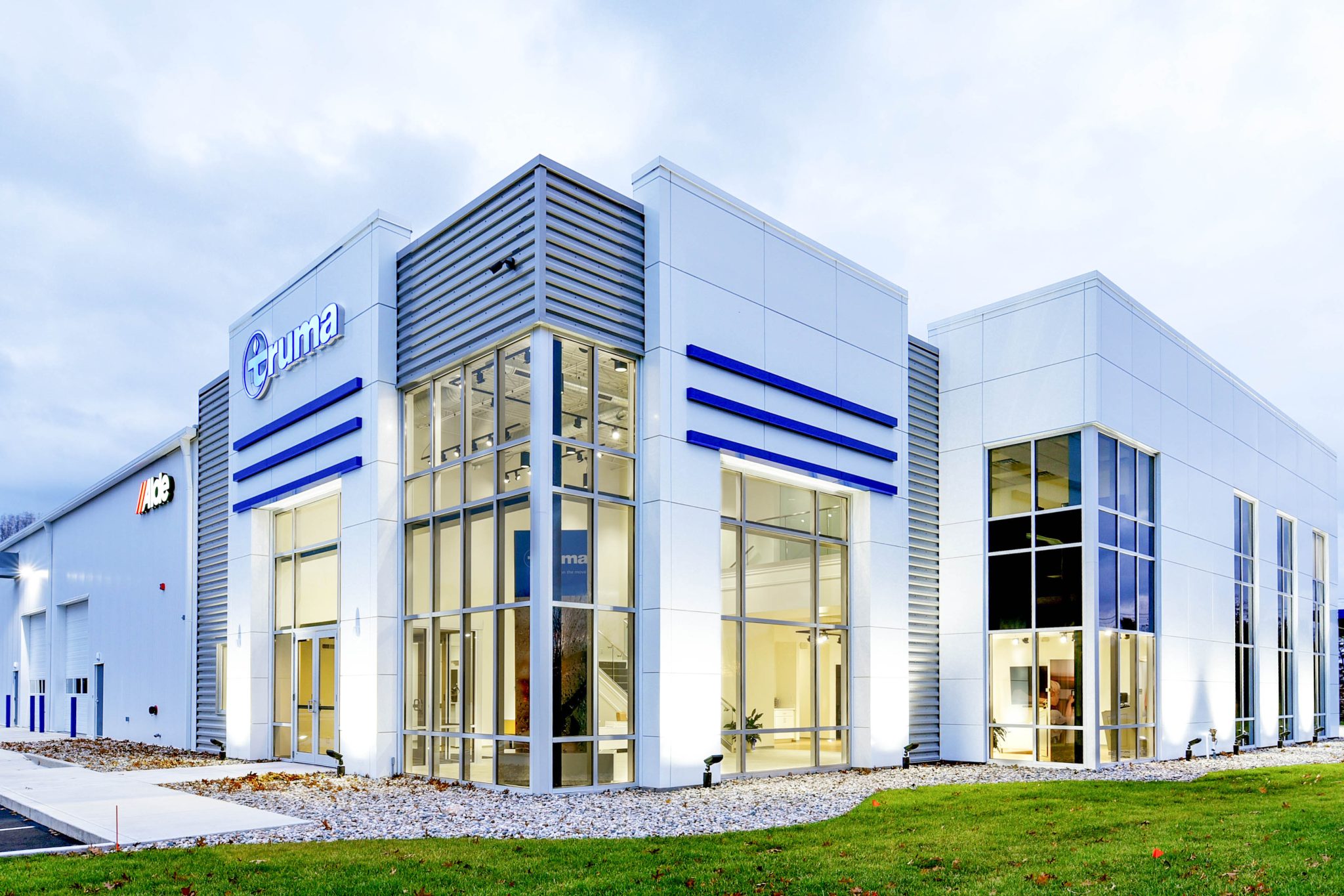 exterior of white and gray minimalist Truma Corporation facade in Elkhart Indiana