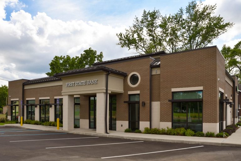 exterior shot of First State Bank on sunny day