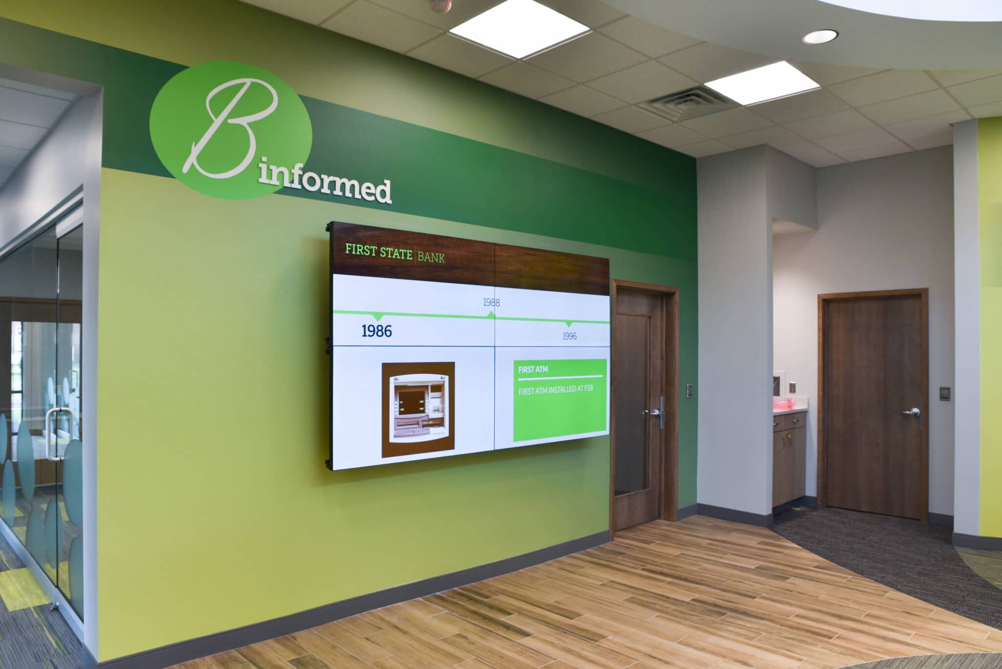 First State Bank lobby television on display