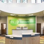 high-ceiling lobby of new First State Bank location in South Bend Indiana