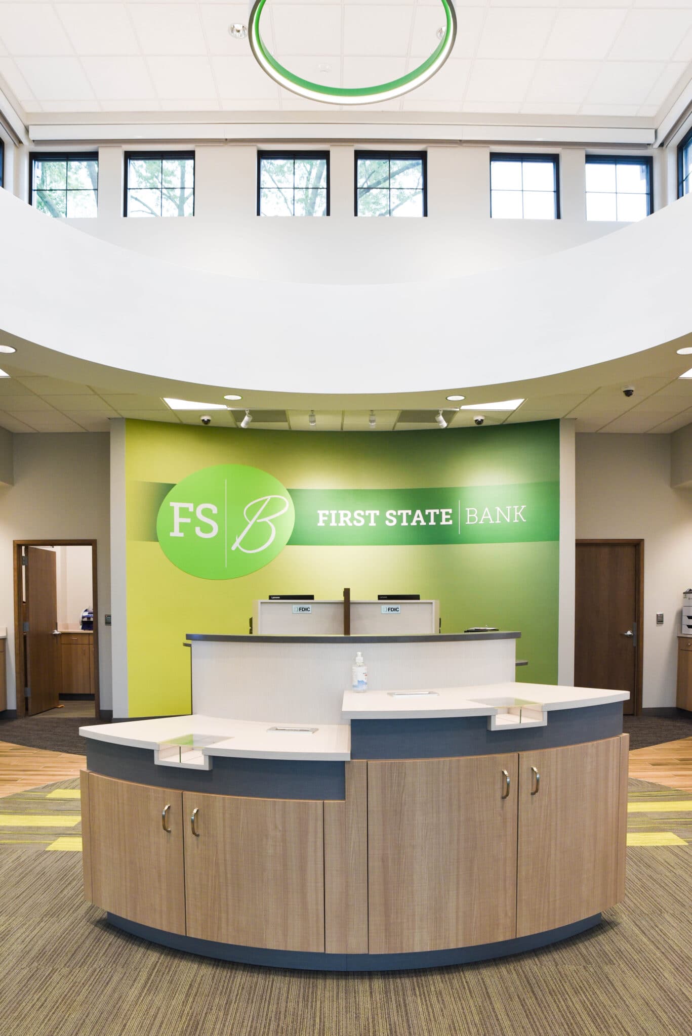 high-ceiling lobby of new First State Bank location in South Bend Indiana