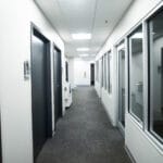 black and white office hallway