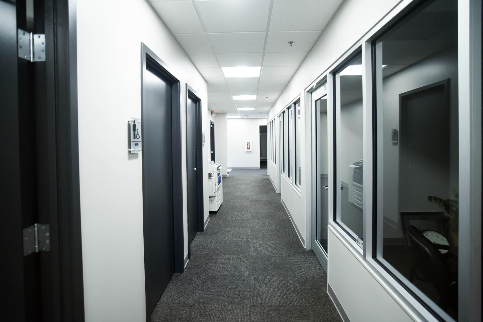 black and white office hallway