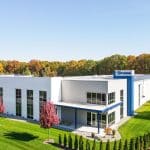 aerial shot of front of Truma Corporation building in Elkhart Indiana