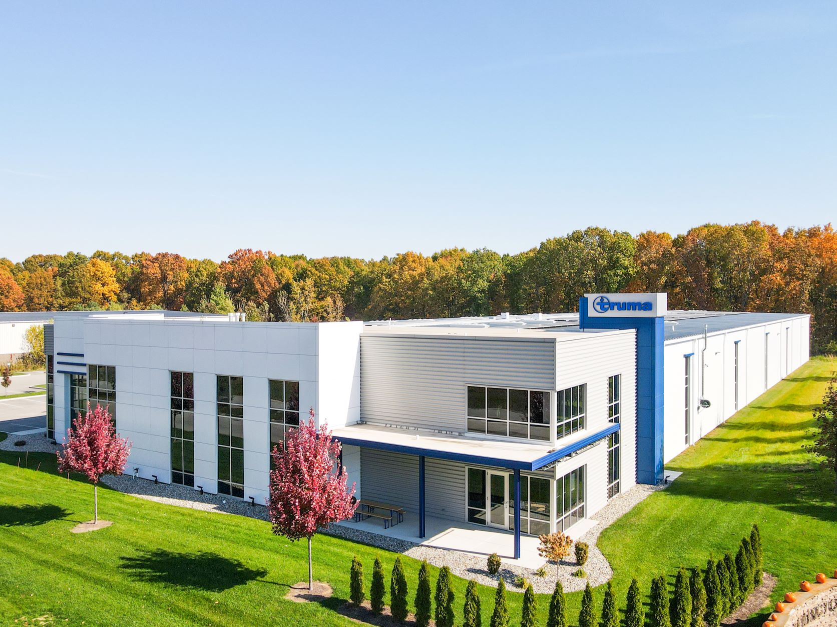 aerial shot of front of Truma Corporation building in Elkhart Indiana