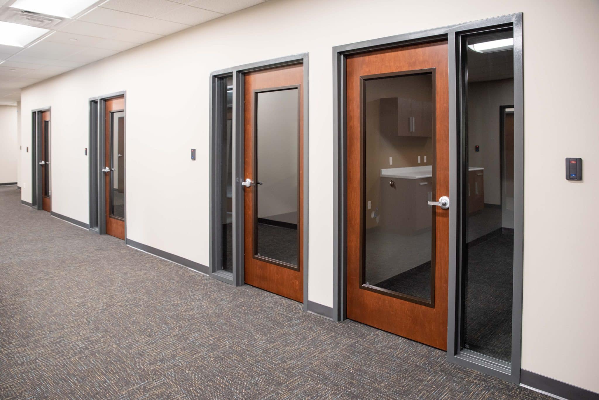 carpeted office hallway with wooden and glass doors