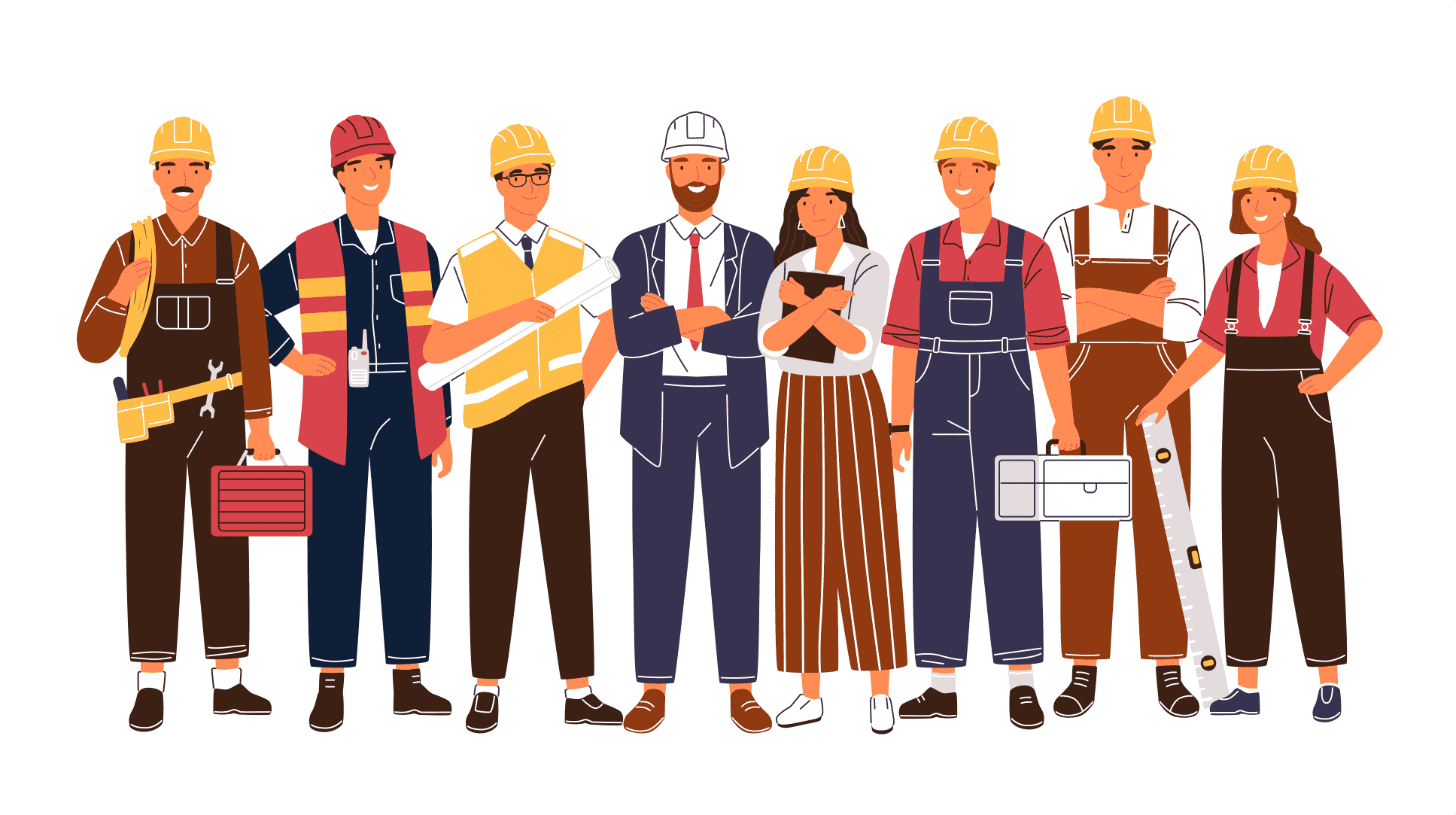 flat cartoon vector of a group of construction professionals wearing hard hats